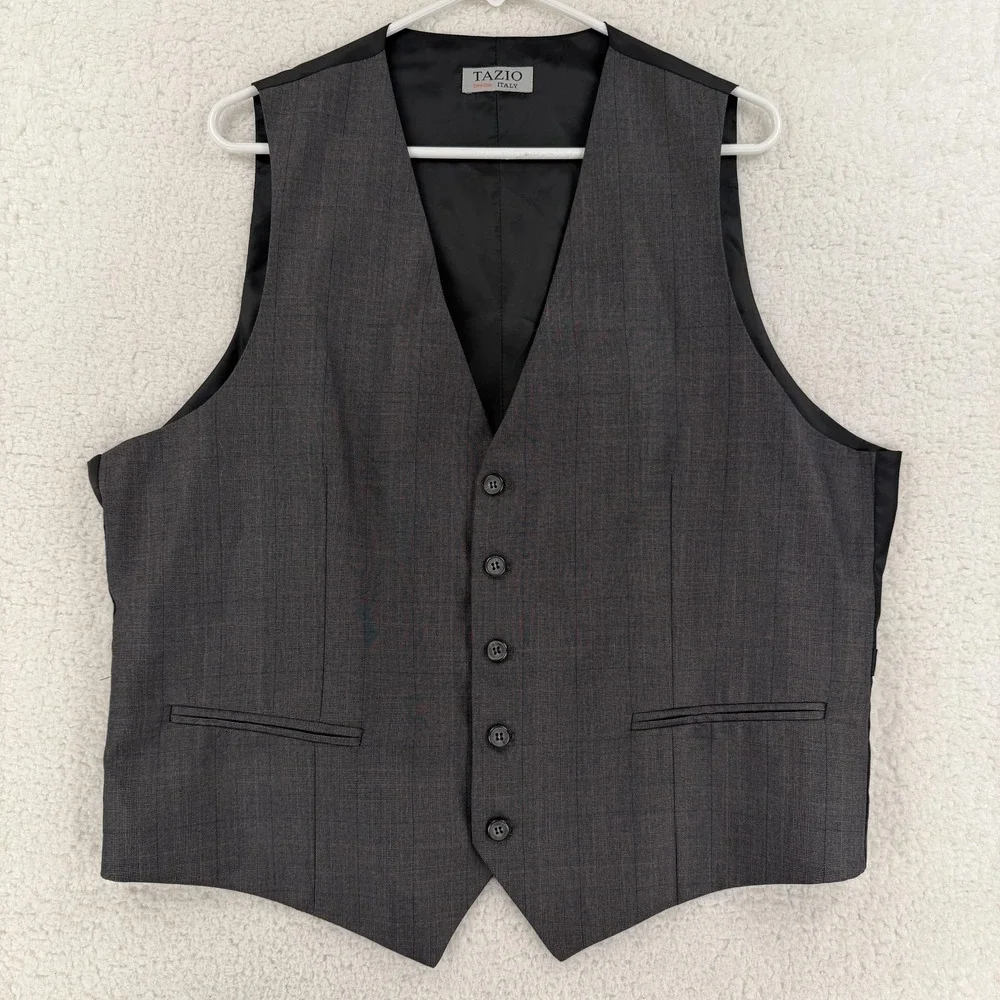 Tazio Suit Vest Mens 46R Gray Check 5 Button‎ Extra Slim Fit 3 Piece Formal